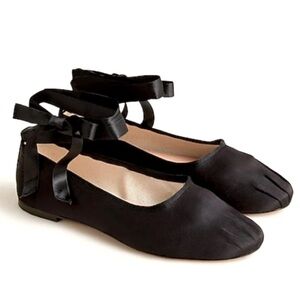 J. Crew Black Satin Pleated Toe and Ribbon Ballet Flat